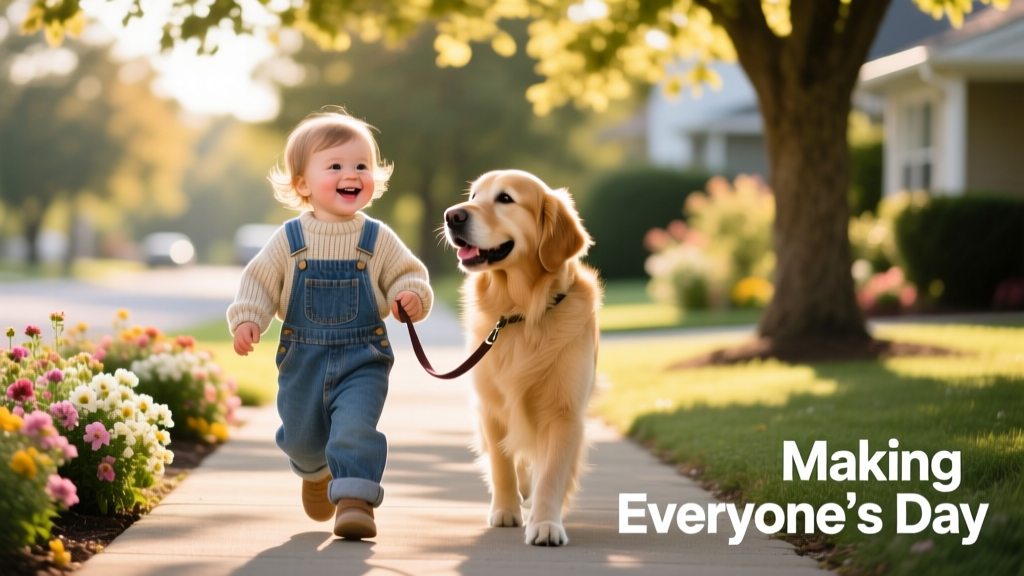 A toddler holding a Golden Retriever's leash while walking side-by-side, both looking joyful and engaged