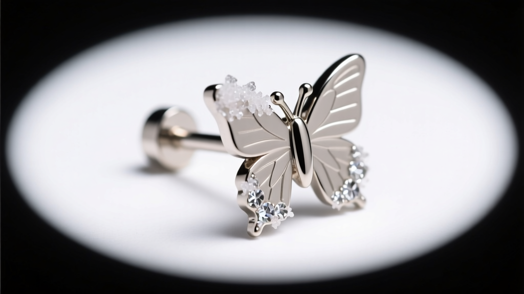 Macro shot of a steel butterfly earring back stuck on a post with dried saline, illuminated by bright ring light in a clean studio.