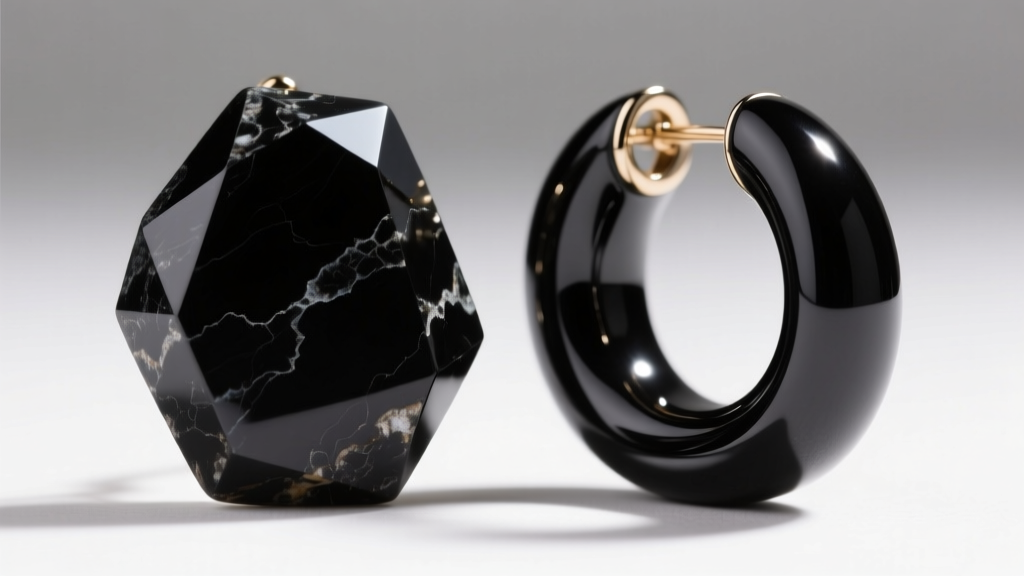 Macro photo of large black onyx geometric earring next to black enamel hoop, showing texture differences under bright lighting.