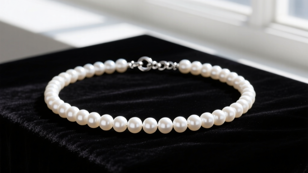 A white Ann Taylor pearl necklace resting on dark velvet, highlighting the luster and silver-tone spring ring clasp.