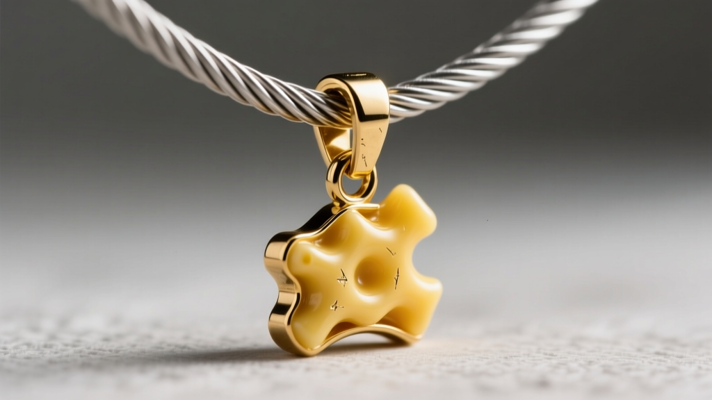 Steel cable chain with an 18-gauge jump ring being attached to a gold-plated brass mac and cheese novelty food pendant clasp.