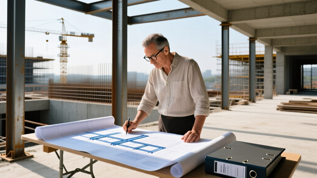 Architect reviewing structural steel framing and concrete foundation blueprints with material specification binders on a commercial job site