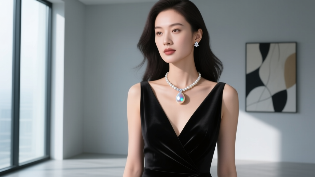 Elegant woman in a black V-neck evening gown wearing a large pear-shaped pearl pendant necklace and small diamond stud earrings