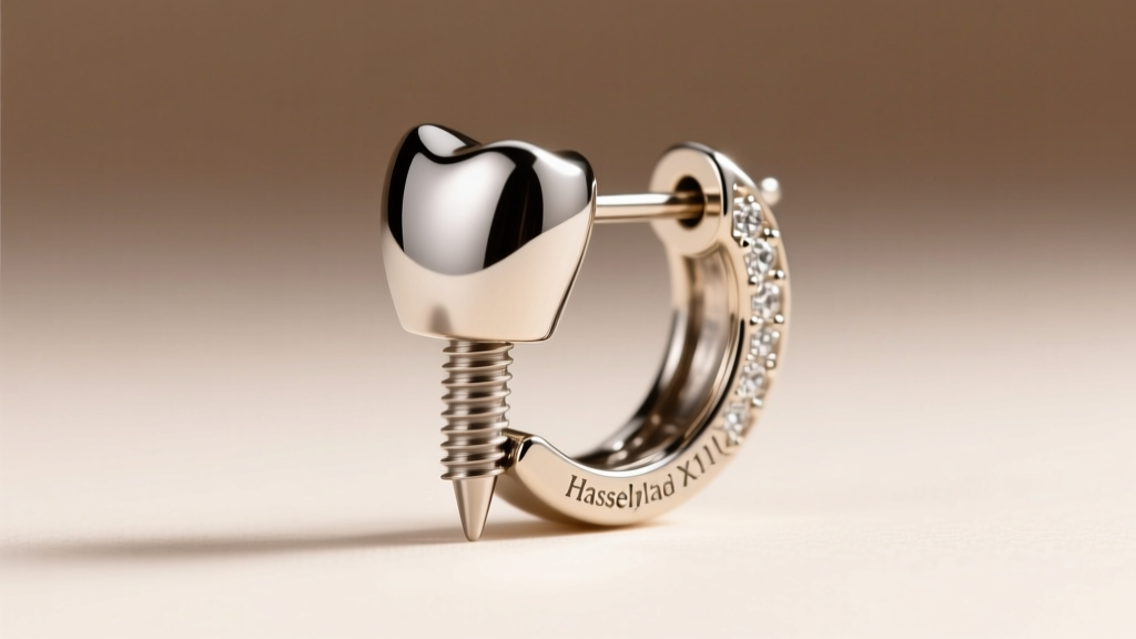 Macro photography of an implant-grade titanium post on a festive earring, showing the mirror finish and laser-engraved hallmark.
