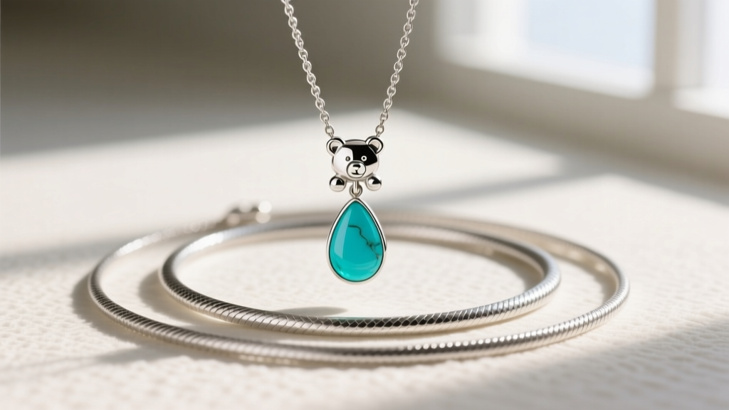 Layered necklace setup with a sterling silver bear charm on a 16-inch rope chain and a turquoise drop on a 20-inch snake chain.
