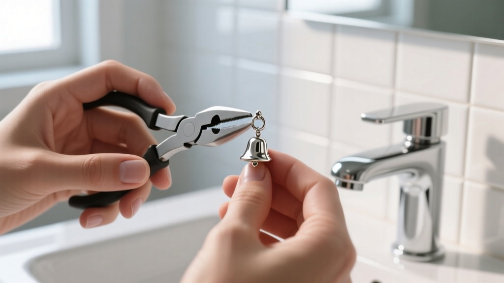 Hands using nylon-jaw pliers to gently grip a stuck silver bell back earring clasp, bright natural bathroom lighting setup.