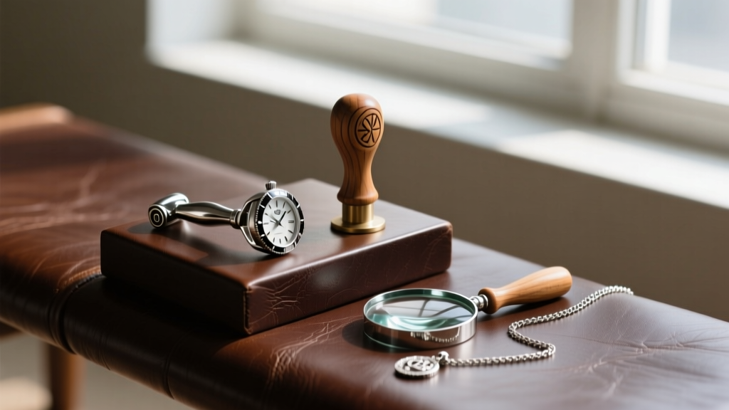 Steel bezel roller, wooden pusher, and 10x loupe resting on a leather bench block beside a disassembled silver pendant chain.