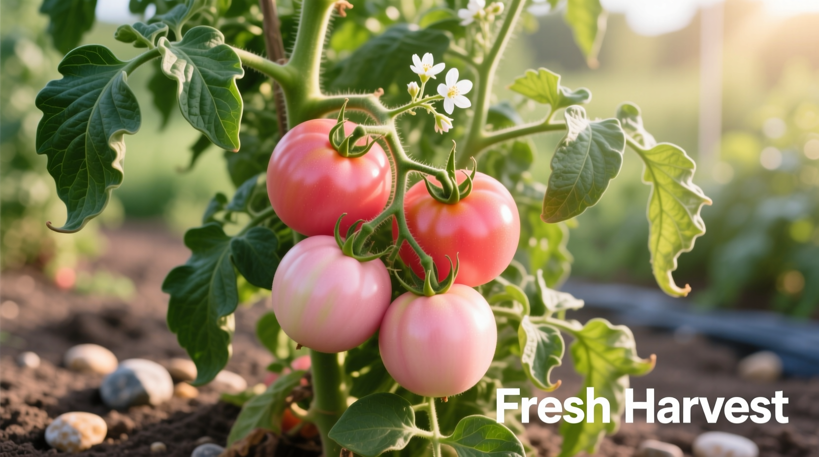 Ripe pink tomatoes on vine with green foliage