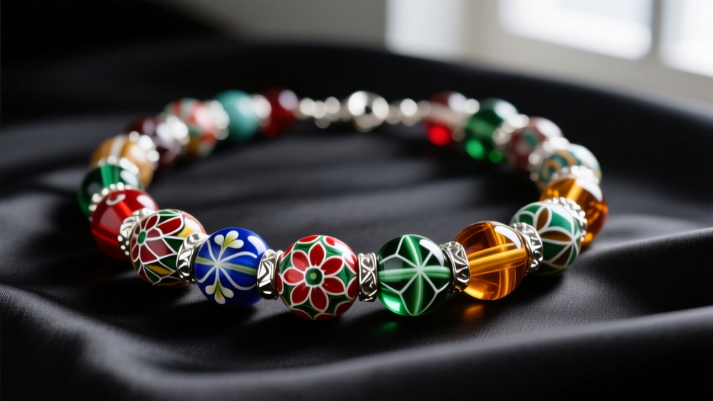 Macro shot of an antique Murano glass bead necklace featuring intricate millefiori murrine canes and silver foil spacers on silk