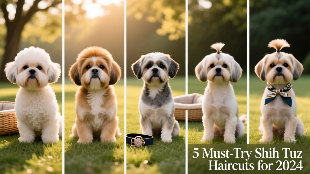 Side-by-side comparison of five popular Shih Tzu haircut styles on different dogs