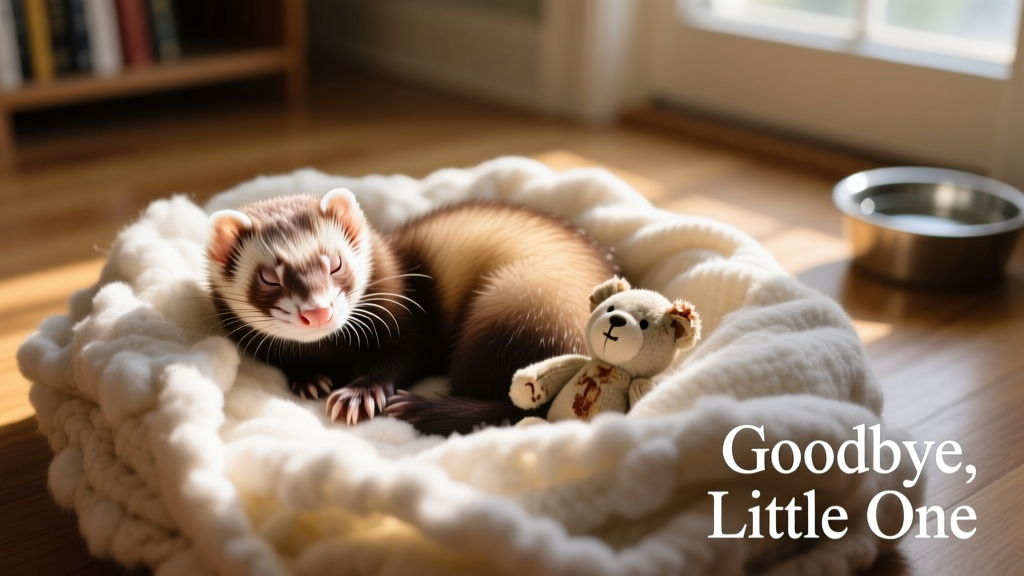 Ferret nestled in a cozy nest of blankets and a small plush toy, viewed from above