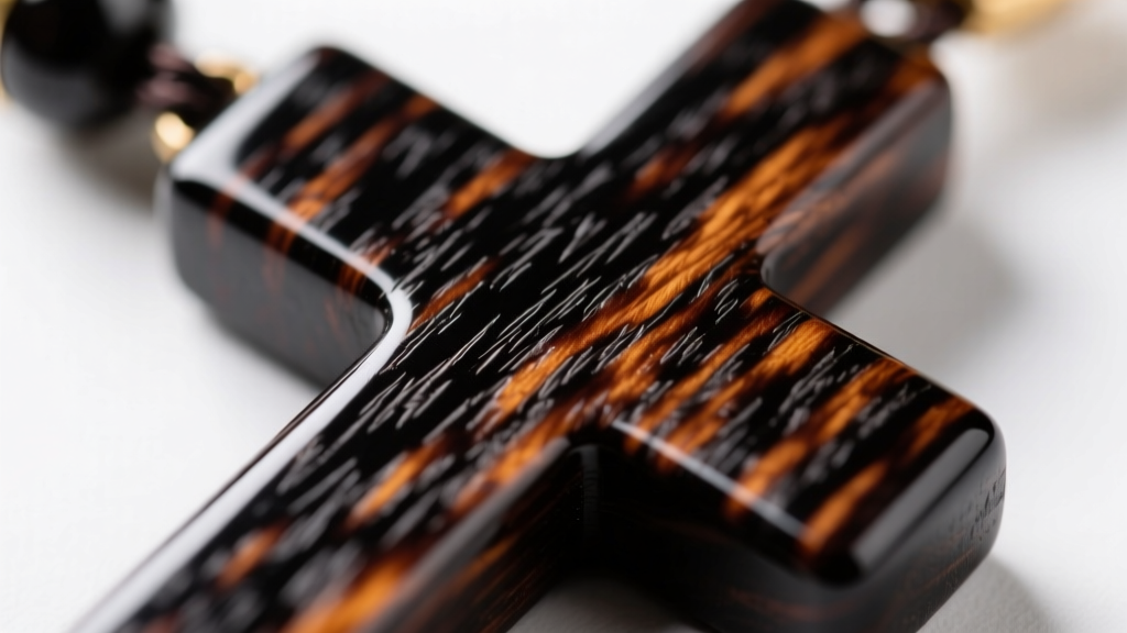 Macro photography showing the tight, dark grain pattern of an ebony wood cross pendant with a high-gloss carnauba wax finish.