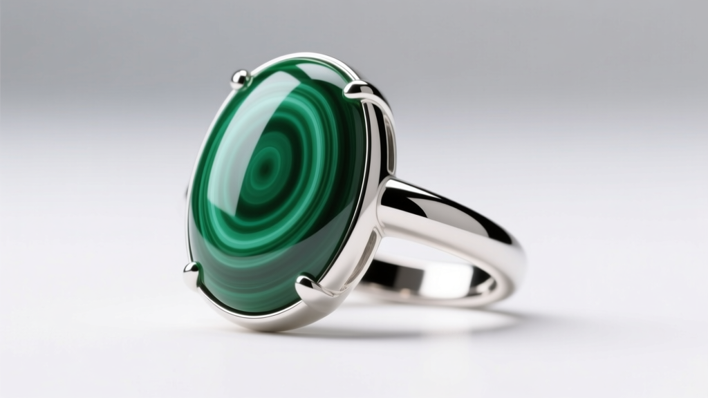 Polished malachite cabochon set in a sterling silver ring, showcasing vivid green concentric banding under soft studio lighting.
