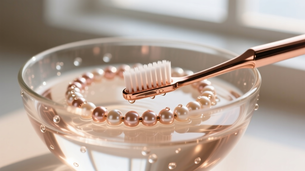 Soft toothbrush gently scrubbing a soapy rose gold bead necklace in a glass bowl of warm water, bright macro photography.