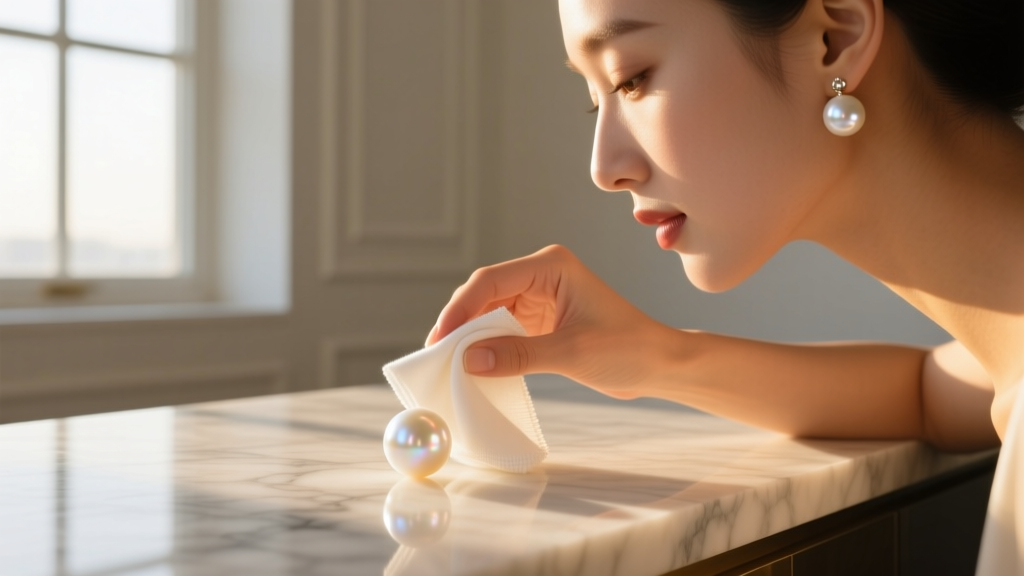 Woman wiping a white freshwater pearl earring with a soft microfiber cloth on a bright marble counter in warm morning sunlight