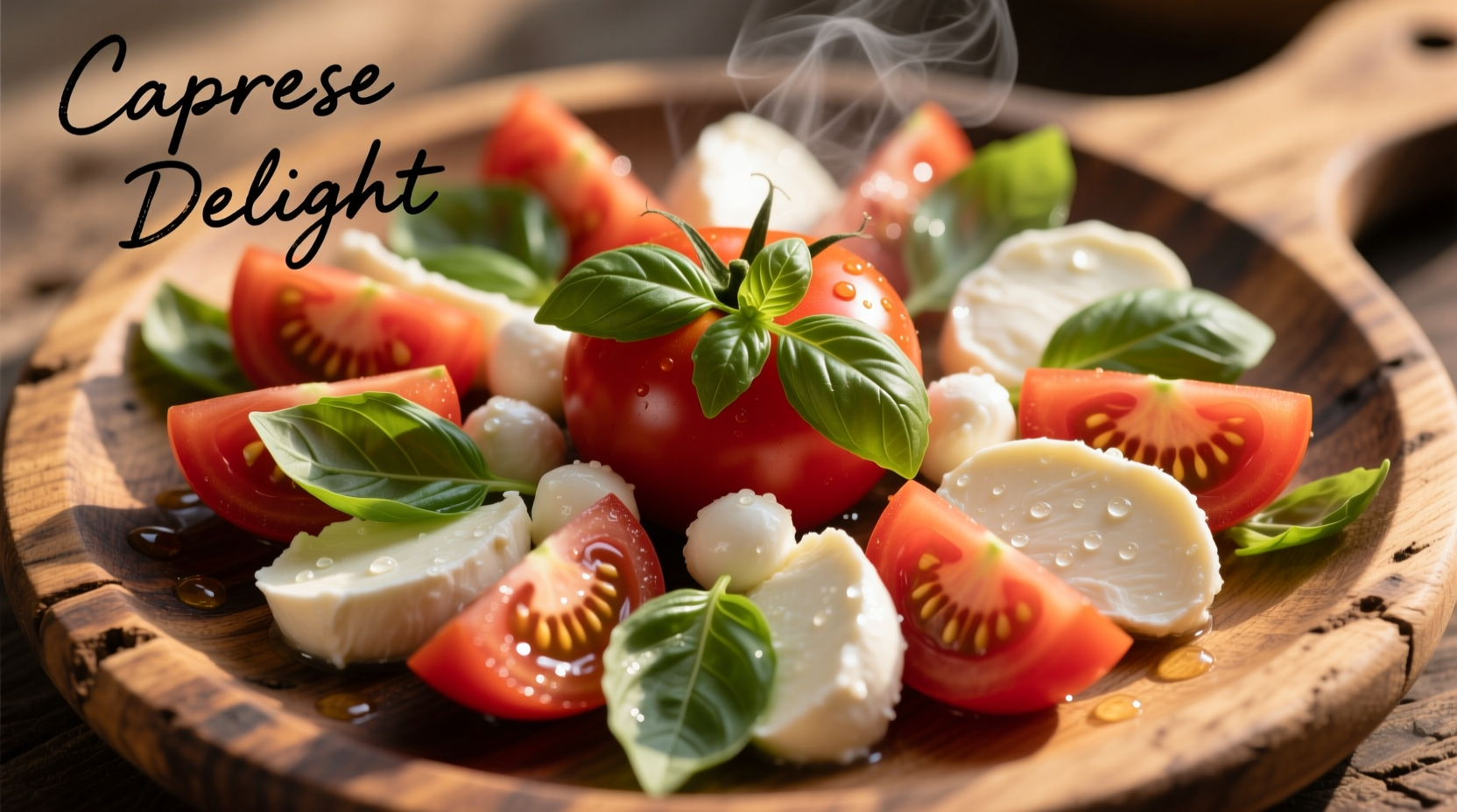 Tomato basil mozzarella appetizer on wooden platter