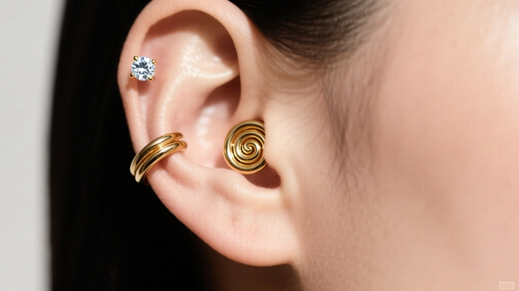 Profile of an ear curation featuring an 18-gauge gold spiral earring on the conch paired with a diamond stud on the upper ear lobe