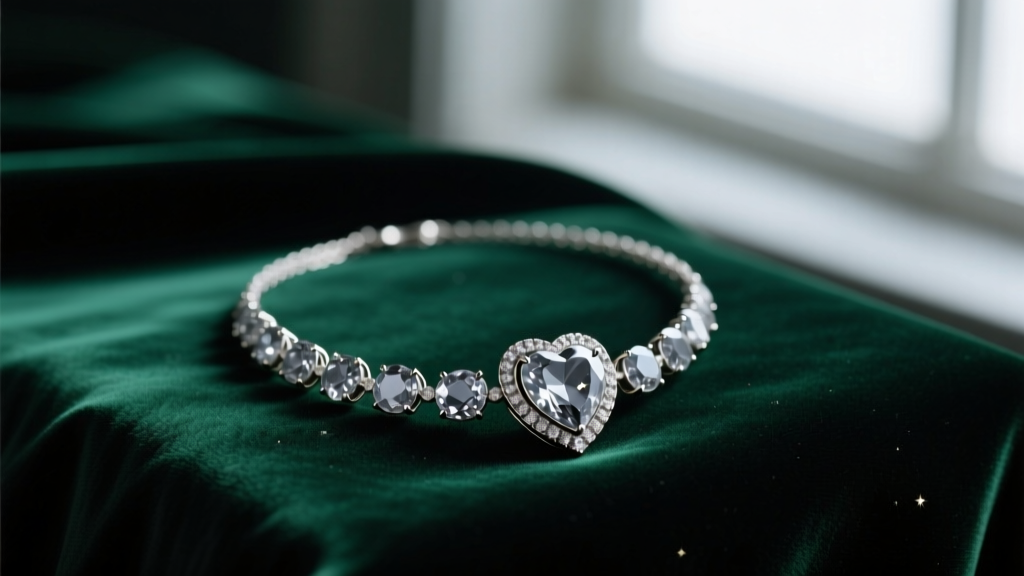 Oxidized silver marcasite heart necklace on dark emerald velvet, moody lighting highlighting metallic gray pyrite facets.