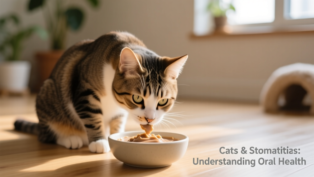 Happy, well-groomed cat eating soft food from a shallow bowl, with clean muzzle and relaxed posture