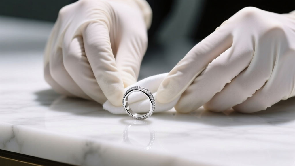Nitrile-gloved hands using a microfiber cloth to gently pat dry a sparkling platinum wedding band on a clean white marble surface.