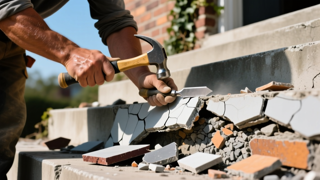 Close-up of a mason using a chisel and hammer to remove delaminated manufactured stone veneer from a cracked exterior concrete stair tread