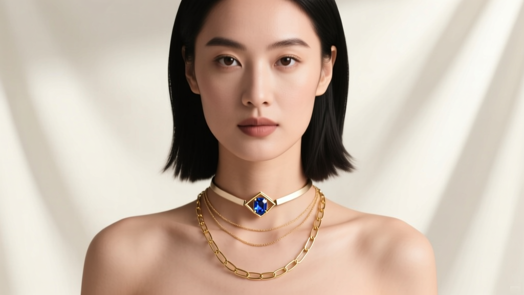 Woman wearing a layered stack featuring a 16-inch choker, an 18-inch birthstone pendant, and a 20-inch solid gold paperclip chain