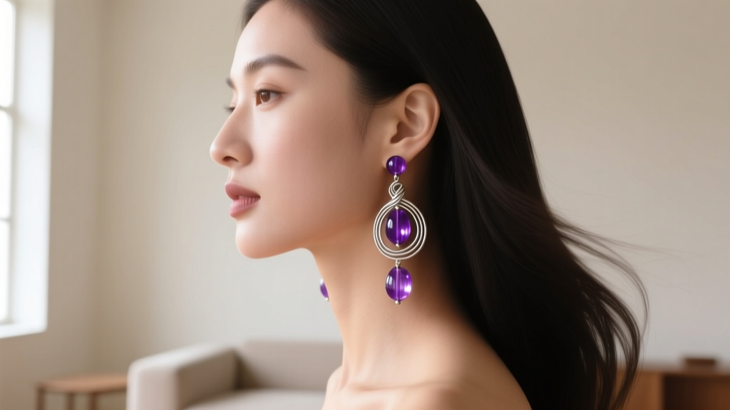 Side profile of a woman wearing handmade wire-wrapped amethyst bead drop earrings that catch soft, natural window light.