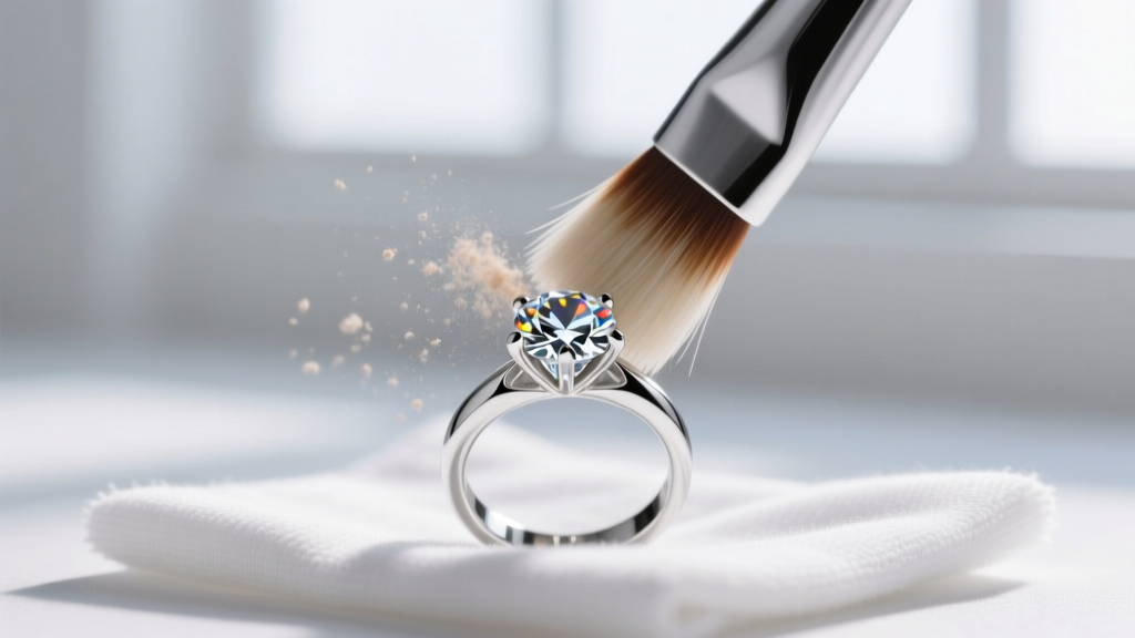Close-up of a soft bristle brush gently scrubbing the pavilion of a platinum diamond solitaire ring resting on a microfiber cloth