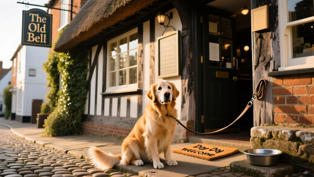 A friendly dog sitting outside a traditional English pub in Lewes, with cobblestone streets and historic architecture visible