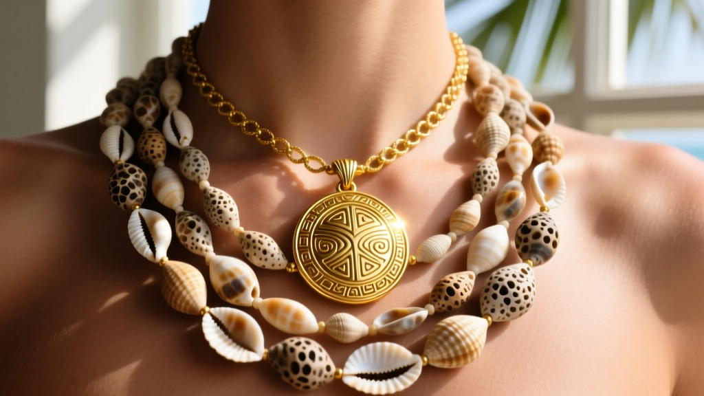 Close-up of a layered Hawaiian necklace stack featuring a 14k gold heirloom pendant and raw puka shells on a sunlit collarbone.