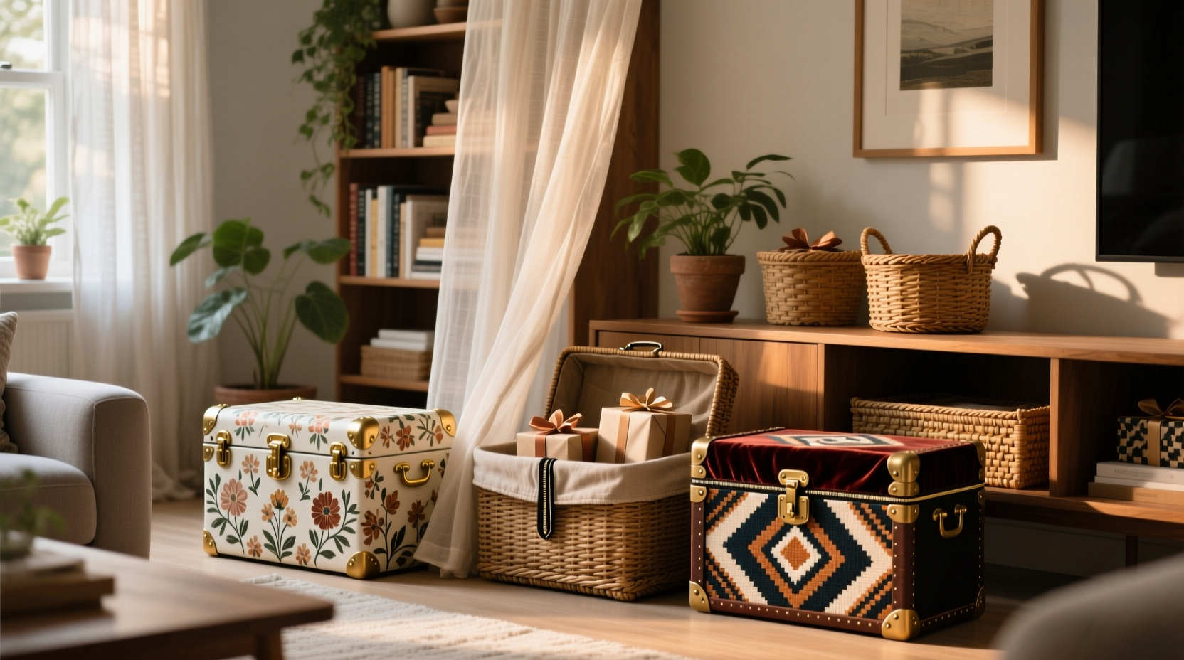 how to hide gift storage in plain sight using decorative trunks and baskets