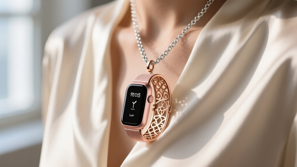 Rose gold Fitbit Luxe tracker in a filigree pendant cage on an 18-inch silver chain against a cream silk blouse, close-up shot.