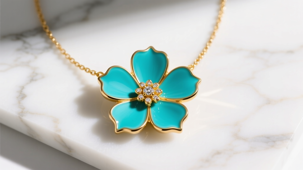Gold-plated Stella and Dot flower necklace with turquoise enamel petals on white marble, top-down view in bright natural light.
