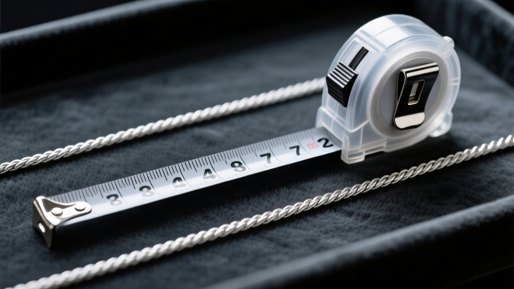 Close-up of a flexible fiberglass tape measure laid flat alongside an 18-inch sterling silver rope chain on a dark velvet mat.