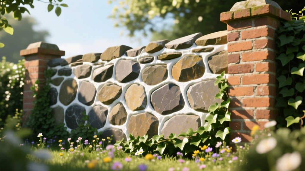 Close-up of traditional knapped flint masonry wall with bright white lime mortar joints and brick quoins in a sunny garden setting