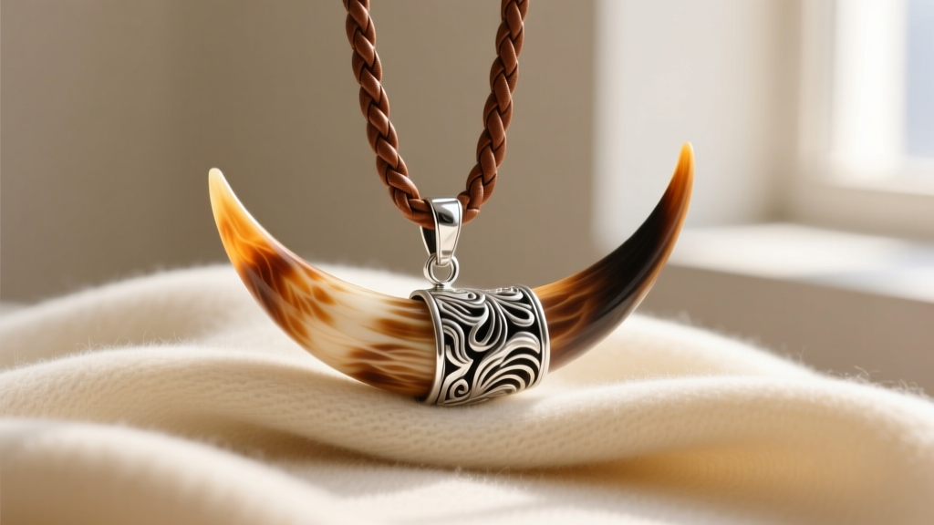 Carved horn pendant on a braided leather and sterling silver chain resting on soft cashmere in natural window light.