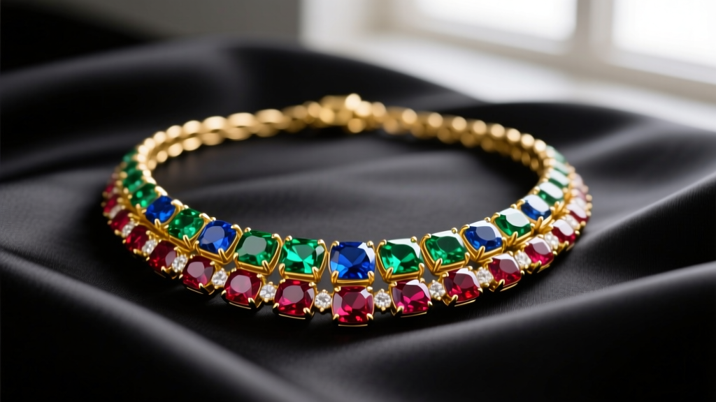 Close-up of a 14k yellow gold multi gem necklace with bezel-set sapphires, emeralds, and rubies resting on dark silk fabric.