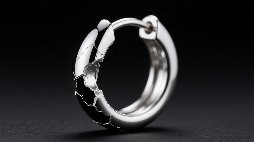 Macro view of black rhodium plating wearing off a tiny silver hoop earring hinge, revealing the bright silver metal underneath