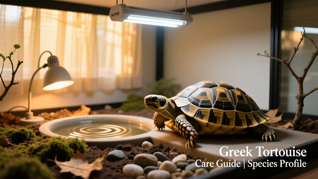 A well-designed indoor Greek tortoise enclosure with basking lamp, UVB fixture, shallow water dish, and naturalistic substrate