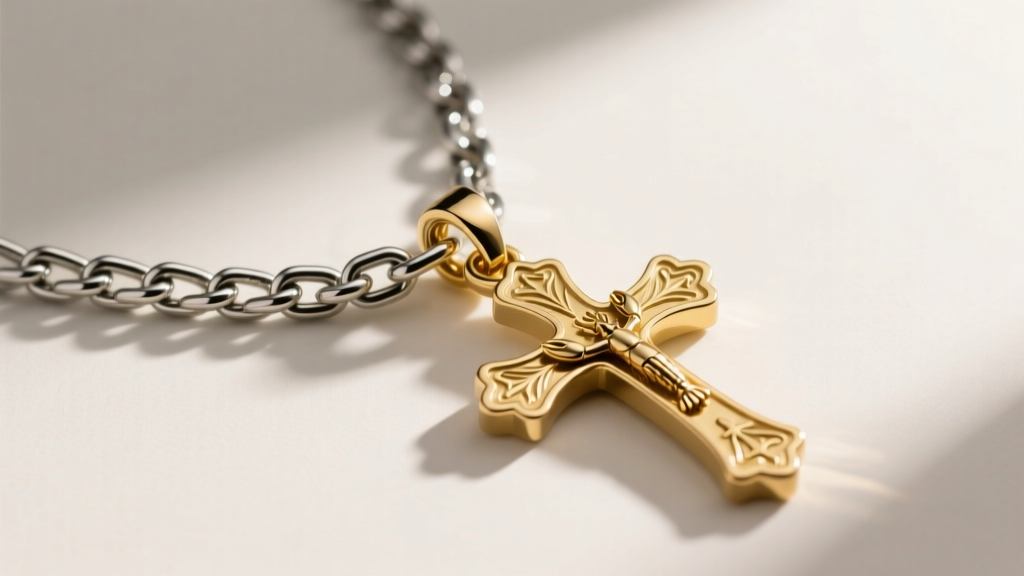 Side view of a 1.5mm stainless steel box chain with a lobster clasp, supporting a heavy 14k gold filled religious cross pendant.