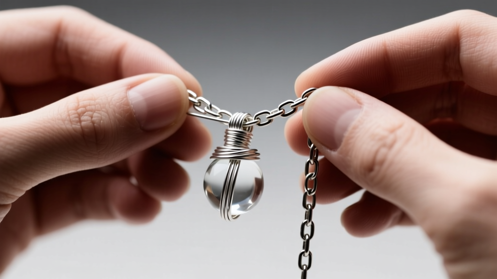 Close-up of hands using 20-gauge sterling silver wire to wrap and secure a loose glass charm onto a vintage box chain link.