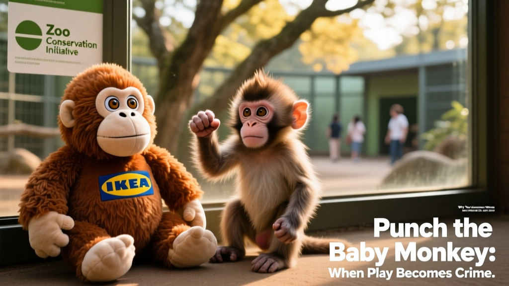 Punch the baby macaque sitting beside his IKEA orangutan plush toy inside his zoo enclosure