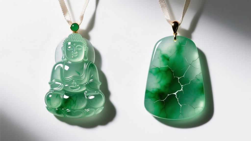 Side profile comparing natural Type A jadeite and dyed Type C jade Buddha pendants, highlighting color saturation differences.