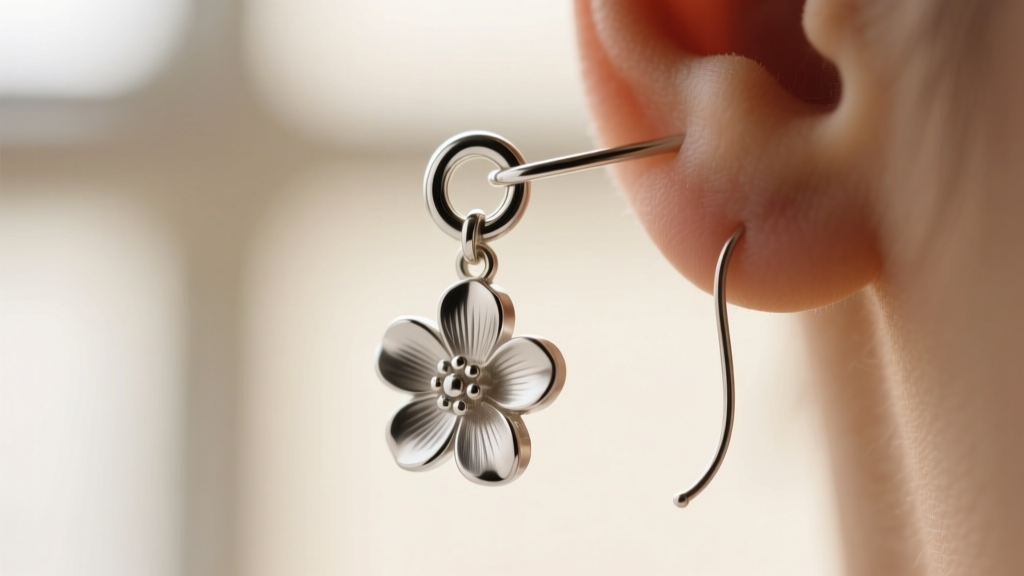 Macro view of an 18-gauge jump ring connecting a silver flower pendant to a dangle ear wire, demonstrating secure jewelry assembly