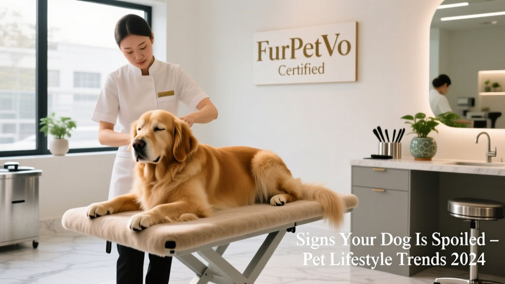 A relaxed dog receiving a professional grooming session at a FurPetVo-certified salon