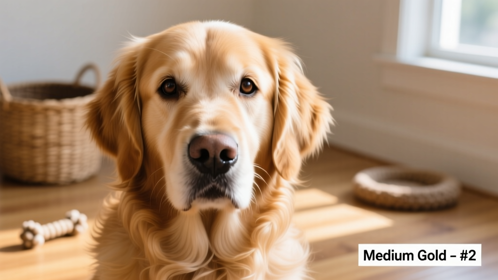 Close-up portrait of a medium gold Golden Retriever with expressive eyes and gleaming, wavy coat
