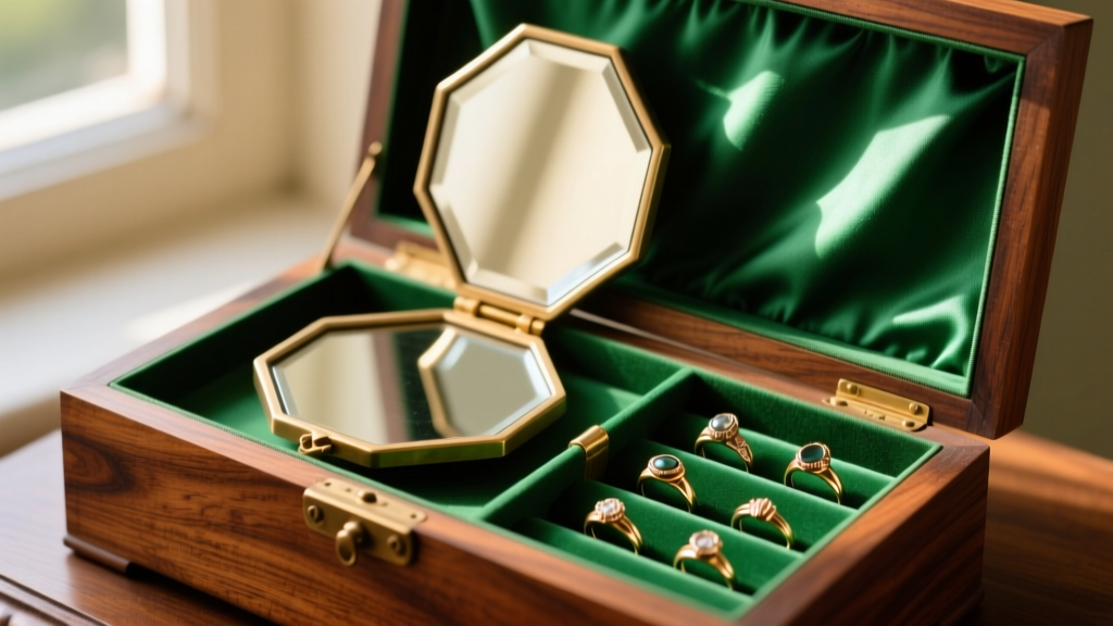 Restored Victorian wooden jewelry box interior with fresh green silk lining, ring rolls, and a lifted beveled mirror lid