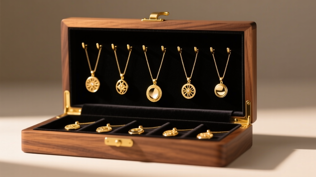 Walnut necklace organizer box with dark velvet lining, showing gold pendants on individual hooks under soft, warm studio lighting.