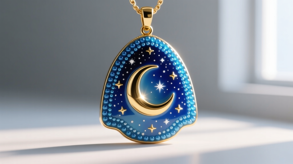 Macro shot of a vitreous enamel Lady of Guadalupe pendant showing the starry blue mantle and detailed gold crescent moon.