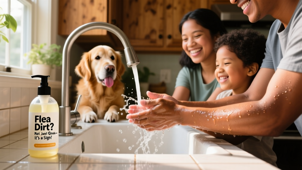 Family washing hands at a kitchen sink after playing with their dog, with a bottle of pet-safe hand soap visible